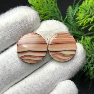 Op de afbeelding: Twee ronde, gepolijste edelstenen met een gestreept patroon in crème, bruin en roodbruin. De stenen worden gepresenteerd op een witte handschoen, waarbij hun natuurlijke kleuren en texturen worden benadrukt. Geschikt voor het maken van sieraden.