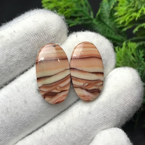 以下が含まれることがあります： ベージュ、クリーム、茶色の層状模様が施された、2つの楕円形の宝石。研磨された石は白い布の背景に展示されており、自然な色と質感を際立たせています。ジュエリー作りに適しています。