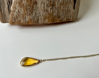 Amber glass charm on 16-18 inch 14k gold plated brass chain