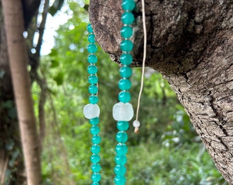 Adjustable Beaded Necklace, Recycled Glass Beads and Green Glass Beads from South Africa