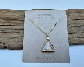 Vintage glass triangle on 16-18 inch 14k gold plated brass chain