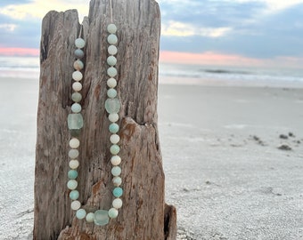 Adjustable Beaded Necklace, Recycled Glass and Amazonite