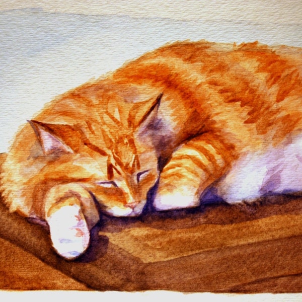 Original Watercolor Sleeping Orange Cat Painting, 50% donated to the ASPCA nonprofit animal rescue