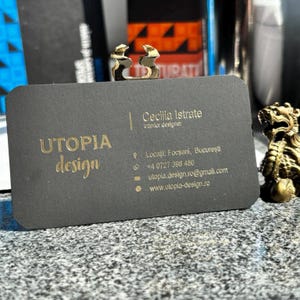 Custom Letterpress Business Cards – One Color Metallic Foil + Blind Emboss – 450g Black Cardstock – Handmade Luxury Cards for Professionals.