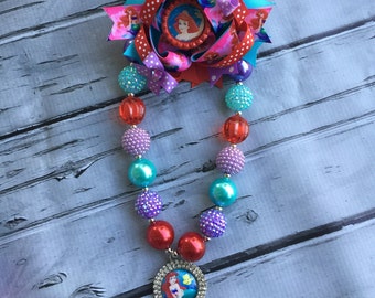 Ariel Little Mermaid Bubblegum Necklace, Ariel Hair Bow, Girls Chunky Necklace and Hair Bow ,Bubblegum Chunky Necklace, Birthday Necklac