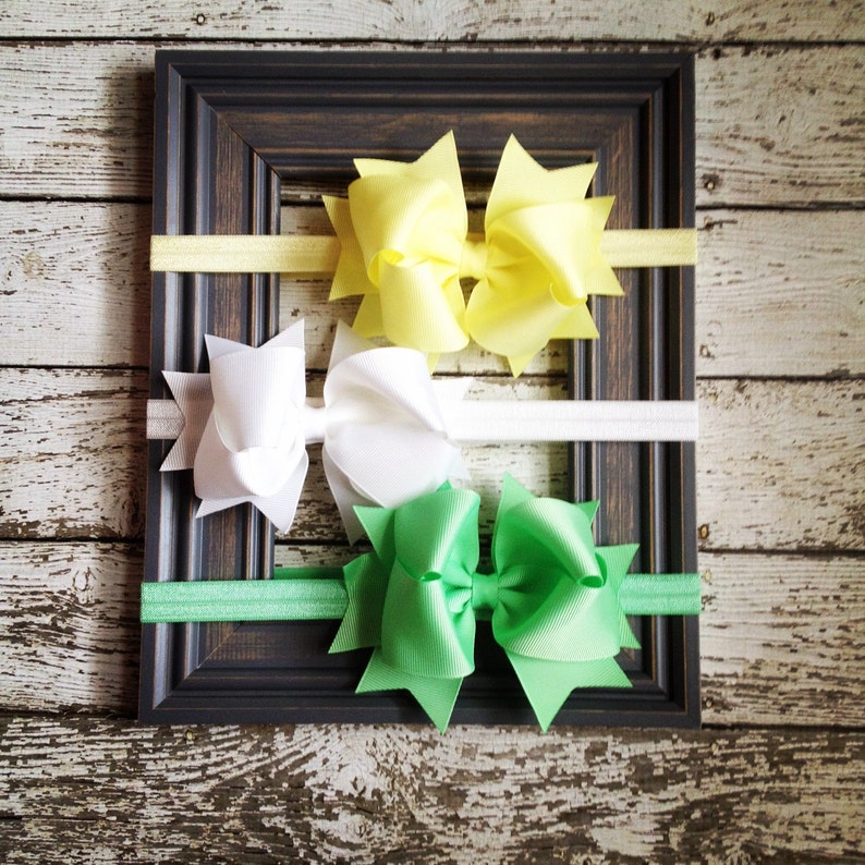 Boutique Baby Girls Set of 3 Mint White Light Yellow Large Hair Bow on Elastic Headband..Perfect for Photo Props Spring Birthdays