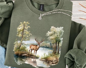 Felpa vintage con cervo, girocollo retrò anni '90, maglione con animali selvatici in stile baita, regalo rustico per gli amanti della natura, felpa invernale con cervo e cerva