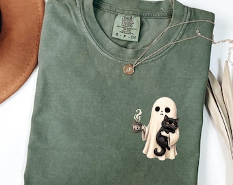 T-shirt Chat Noir Fantôme Couleurs Confortables, T-shirt Halloween, Cadeau pour les amoureux des chats