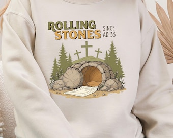 Rolling Stone Christian Sweatshirt, Cozy Easter Crewneck, Jesus Resurrection Faith Graphic, Christian Gift