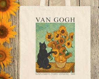 Black Cat Van Gogh Tote Bag, Sunflowers Art Canvas Bag, Vintage Painting Tote, Cat Lover Gift, Aesthetic Cotton Tote, Museum Art Bag