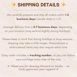 May include: Text on a cream-colored background reads "SHIPPING DETAILS" with star accents. The text describes order preparation, shipping times, and tracking information. It also thanks customers for their support.