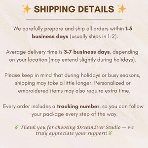 May include: A cream-coloured background displays text detailing shipping information, including order preparation, delivery times, and tracking. The text is framed by star accents and concludes with a thank you message.