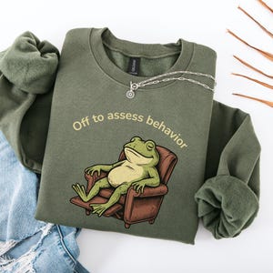 May include: Olive green sweatshirt with the text "Off to assess behavior" and a cartoon frog lounging in a brown armchair. A silver necklace with a circular pendant is draped across the sweatshirt.