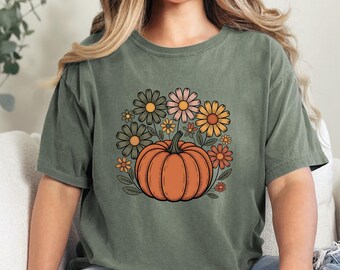 Fall Pumpkin Floral Comfort Colors Shirt: Retro Daisy Design