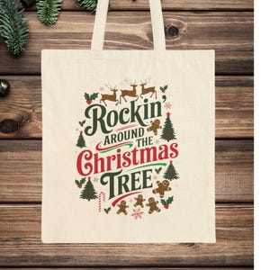 Retro Christmas Tree Cotton Tote Bag: Holiday Shopping