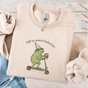 May include: Beige sweatshirt featuring a green frog in a hat, riding a scooter and holding a coffee cup. The text "Off to assess behavior" is above the frog. A silver necklace is draped on the sweatshirt.