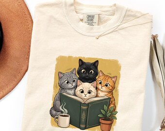 T-shirt « Cats de lecture aux couleurs apaisantes », T-shirt vintage pour amoureux des livres, Cadeau pour lecteur passionné