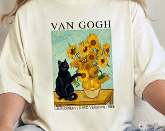 ゴッホ 猫 ひまわり シャツ ヴィンテージ アート Tシャツ レトロ 美的 Tシャツ おもしろ猫好きトップス 花柄 グラフィック Tシャツ ゴッホ アート シャツ
