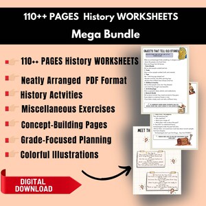 history practice sheets, primary history worksheets, history activity pages, educational worksheets history, world history printable, history study pack, kids social studies, history teaching resource, 110 pages worksheet bundle