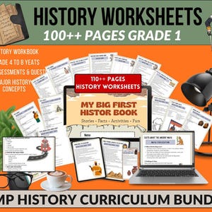 Puede incluir: Un conjunto de programas de historia sobre un fondo naranja, con hojas de trabajo, un ordenador portátil y una taza de café. El texto incluye "History Worksheets", "100++ Pages Grade 1" y "My Big First History Book."