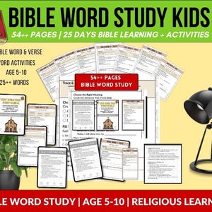 May include: A collection of Bible Word Study Kids pages with text that reads "Bible Word Study Kids" and "54++ Pages | 25 Days Bible Learning + Activities". The pages include Bible word and verse activities for ages 5-10. A red book with a gold cross is also visible.