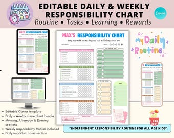 Printable Kids Chore Chart Bundle | Editable Responsibility Chart | Daily Weekly Routine Checklist for Kids | Canva Template