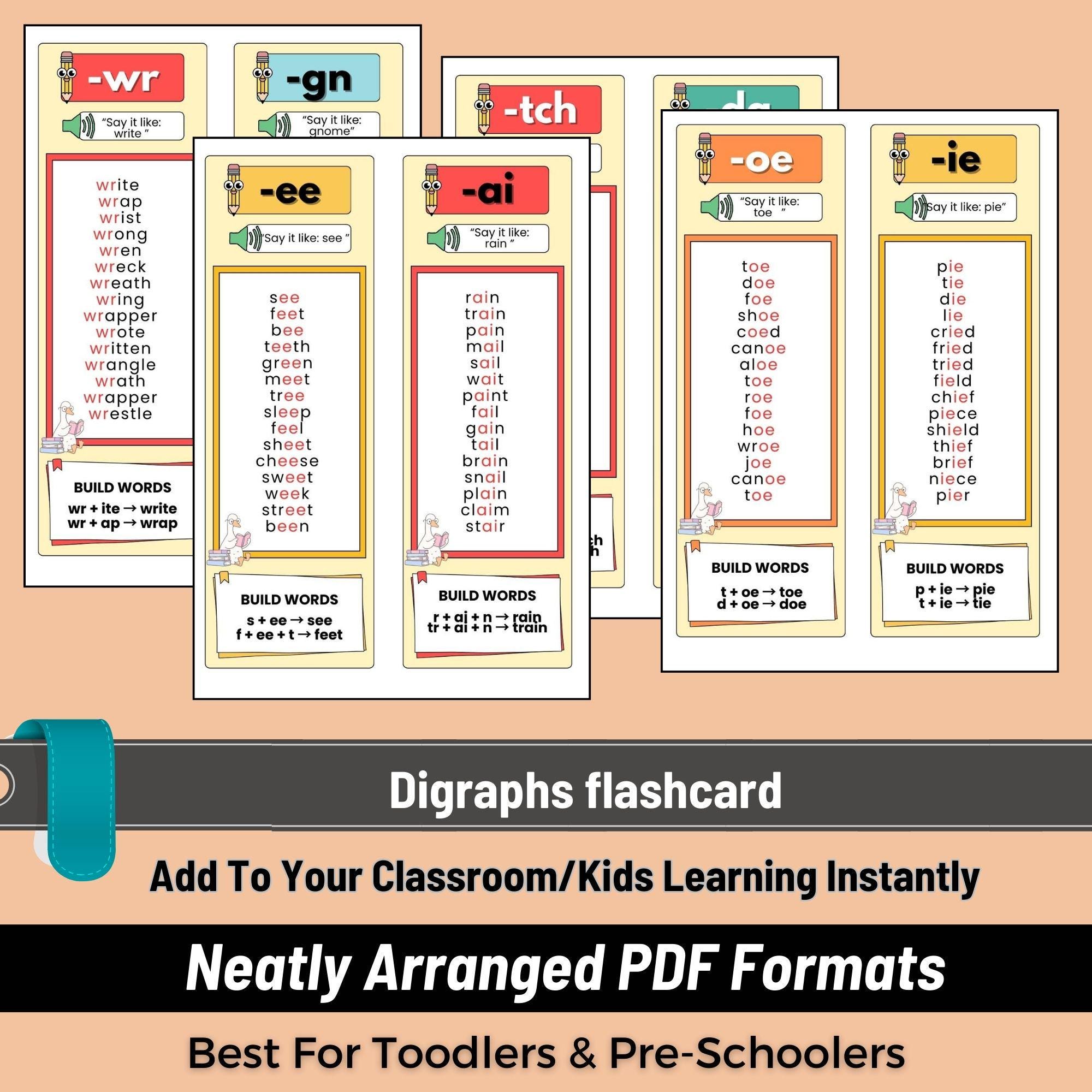 40+ Digraphs Flashcards Phonics Printable Cards for Kids Reading ...