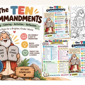 May include: A digital activity set titled The Ten Commandments featuring learning, coloring, and reflection pages. The design includes a cartoon illustration of a bearded figure holding stone tablets, with text detailing rules for a kinder world.