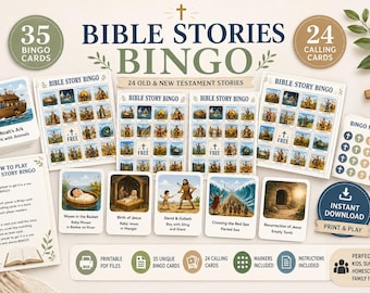 Bible Stories Bingo Game Printable,Christian Bingo for Kids,Sunday School Activity, Bible Bingo Cards,Homeschool Bible Game,Church Printable