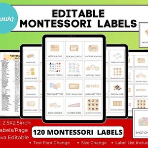 Montessori-etiketter redigerbara, etiketter för leksakshyllor i klassrummet, utskrivbara visuella etiketter för barn, förvaringsetiketter för hemundervisning i lekrum, papperskorgetikett