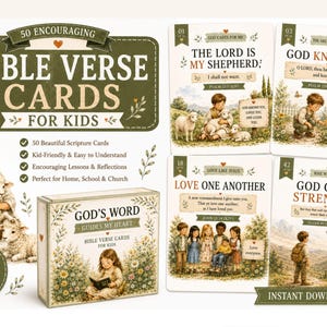 Op de afbeelding: Een set van 50 bemoedigende bijbelverskaarten voor kinderen, inclusief een doos met de tekst God's Word Guides My Heart en vier voorbeeldkaarten met illustraties van kinderen, schapen en landschappen, met teksten zoals The Lord is My Shepherd.