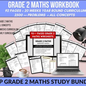 May include: A Grade 2 Maths Workbook with 92 pages, 20 weeks of curriculum, and over 2500 problems. The image includes a laptop, tablet, and smartphone displaying worksheets, along with a cup of coffee, glasses, and a desk lamp.