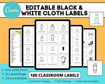 Editable Black and White Cloth Labels Bundle,180 Printable Drawer Labels,Kids Closet Organizer,Minimalist Clothing Tags,CanvaWardrobe Labels