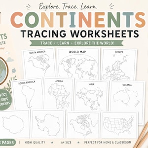 May include: A set of continents tracing worksheets featuring a cover page with a globe illustration and multiple black and white outline maps of North America, South America, Africa, Asia, Oceania, Europe, and Antarctica for educational use.