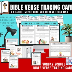 Può includere: Un set di schede di tracciatura di versetti biblici per la scuola domenicale. Le schede presentano il testo "BIBLE VERSE TRACING CARD" e includono 60 schede con tracciatura di versetti, riferimento e colorazione. Il design include una croce, un Gesù dei cartoni animati e le parole "Trust the Lord."