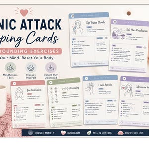 Puede incluir: Un juego de 42 tarjetas de afrontamiento para ataques de pánico con ejercicios de conexión a tierra y el texto 'Calm Your Mind. Reset Your Body.' y 'Breathe You've Got This'. Las tarjetas muestran técnicas de mindfulness e instrucciones.