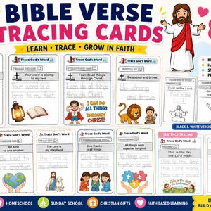 May include: Bible verse tracing cards with the text "Bible Verse Tracing Cards" and "100 Inspiring Verses". The cards feature illustrations of Jesus, children, and various objects. The cards are designed for kids to learn, trace, and grow in faith.