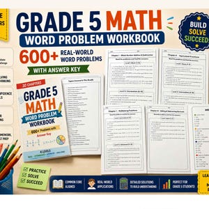May include: A Grade 5 maths word problem workbook featuring 600+ real-world problems, an answer key, and 30 chapters. The set includes a printed workbook, loose-leaf worksheets, a blue pencil holder with coloured pencils, and a green sticky note.