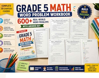May include: A Grade 5 math word problem workbook featuring 600+ real-world problems, an answer key, and 30 chapters. The set includes a printed workbook, loose-leaf worksheets, a blue pencil holder with colored pencils, and a green sticky note.