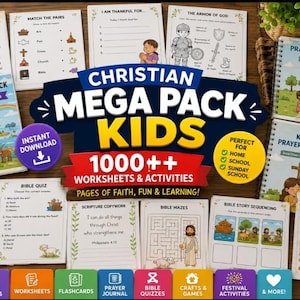 May include: A Christian activity pack for kids featuring spiral-bound journals and various worksheets including Bible word searches, matching games, mazes, and scripture copywork. The collection includes over 1000 pages of faith-based educational content.