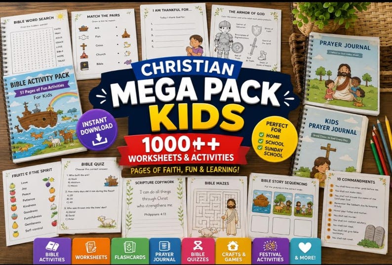 May include: A Christian activity pack for kids featuring spiral-bound journals and various worksheets including Bible word searches, matching games, mazes, and scripture copywork. The collection includes over 1000 pages of faith-based educational content.