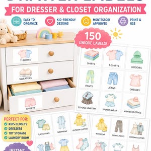 May include: A set of 150 printable kids drawer labels for dresser and closet organization featuring watercolor illustrations of clothing items like shirts, pants, dresses, and socks with text labels for each category to help organize children's clothing.