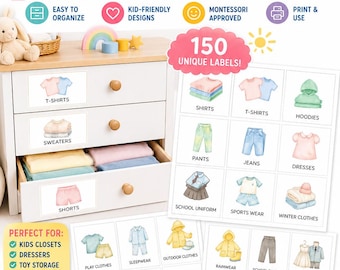 Más de 150 etiquetas para cajones de ropa infantil, organización de armarios Montessori (pegatinas imprimibles)