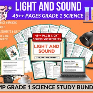 Puede incluir: Un paquete de estudio de ciencias para el primer grado, con el texto "LIGHT AND SOUND" y "45++ PAGES GRADE 1 SCIENCE". La imagen incluye una computadora portátil, hojas de trabajo, una lámpara y una taza de café. El paquete incluye un cuaderno de trabajo de ciencias, evaluaciones y conceptos de luz y sonido.