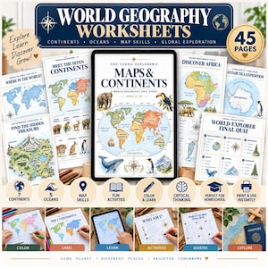 Op de afbeelding: Een digitale verzameling van 45 aardrijkskunde-werkbladen getiteld The Young Explorer's Maps & Continents. De set bevat educatieve pagina's met kaarten, dierillustraties en quizzen voor kinderen van 6 tot 10 jaar, in een printbaar formaat.