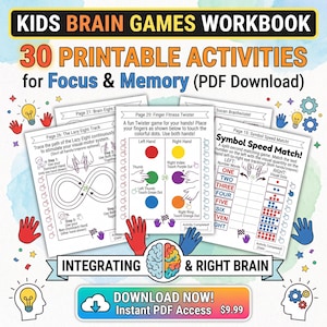 Peut inclure: Un cahier d'exercices Kids Brain Games avec 30 activités imprimables pour la concentration et la mémoire. Les pages incluent Finger Fitness Twister, The Lazy Eight Track et Symbol Speed Match avec des instructions et des illustrations.