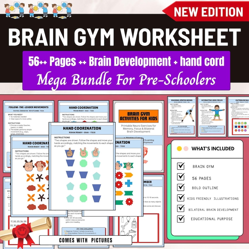 brain gym activities for kids, printable brain gym exercises, neuro exercises for children, memory focus activities for kids, thinking games printable, bilateral brain development exercises, cognitive skills worksheets, left right brain coordination activities,