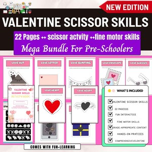 Puede incluir: Un libro de actividades con temática de San Valentín para preescolares. La portada muestra "VALENTINE SCISSOR SKILLS" y "Mega Bundle For Pre-Schoolers". La imagen incluye páginas con corazones, sobres y gafas. El libro promueve la motricidad fina y la interacción.