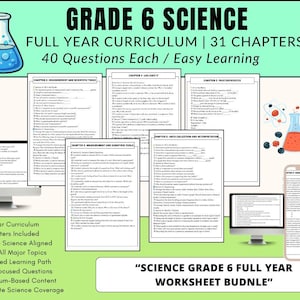 K&ouml;nnte beinhalten: Ein digitales Wissenschaftscurriculum f&uuml;r die 6. Klasse mit 31 Kapiteln und jeweils 40 Fragen. Das Bild zeigt Arbeitsbl&auml;tter, einen Taschenrechner und wissenschaftliche Illustrationen. Der Text auf dem Bild lautet "GRADE 6 SCIENCE FULL YEAR CURRICULUM".