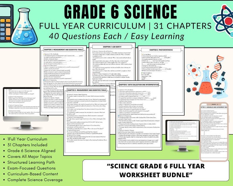 K&ouml;nnte beinhalten: Ein digitales Wissenschaftscurriculum f&uuml;r die 6. Klasse mit 31 Kapiteln und jeweils 40 Fragen. Das Bild zeigt Arbeitsbl&auml;tter, einen Taschenrechner und wissenschaftliche Illustrationen. Der Text auf dem Bild lautet "GRADE 6 SCIENCE FULL YEAR CURRICULUM".